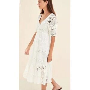 FIGUE Marisela Cream Eyelet Puff Sleeve Midi Dress Medium Festival Coachella